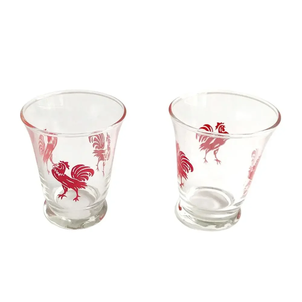 Vintage MCM Rooster Juice Glasses 2 Piece Set Red Clear Glass Drinkware Cups